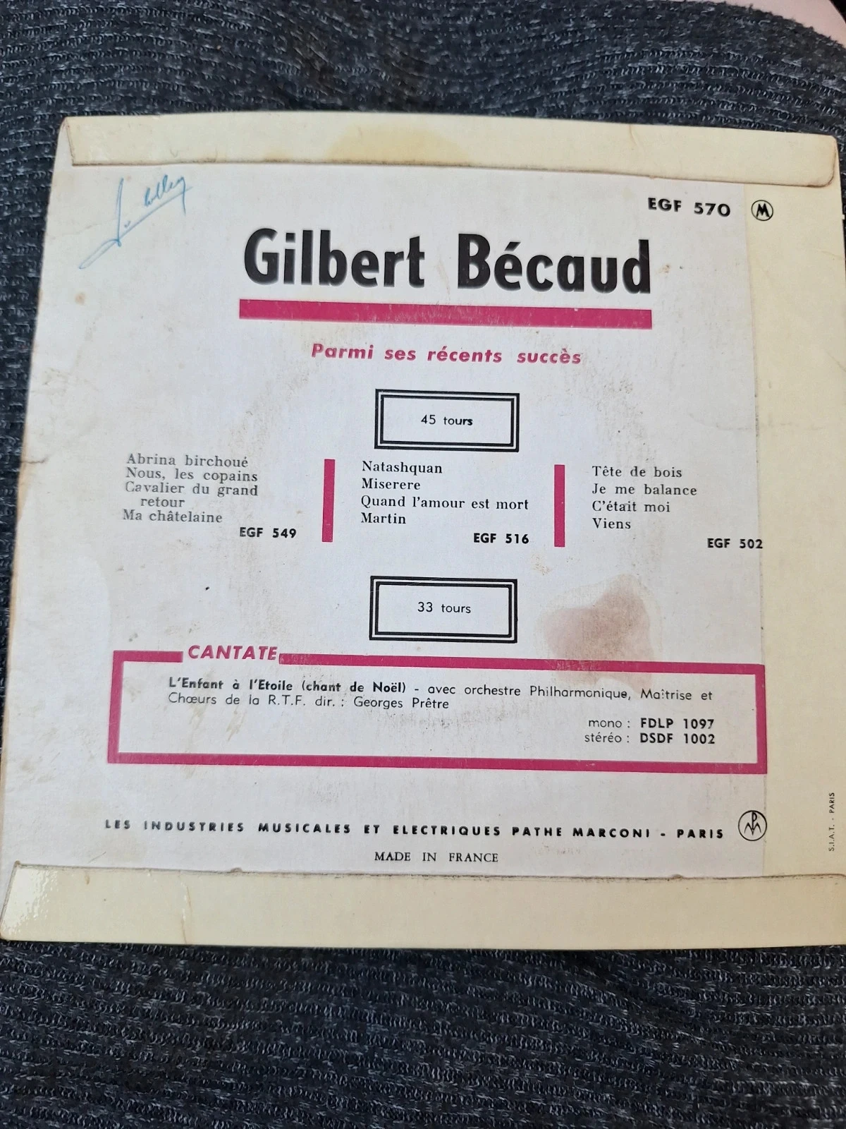 45RPM Vinyl EP Gilbert Bécaud Et Maintenant 1961 La Voix De Son Maître – photo 2